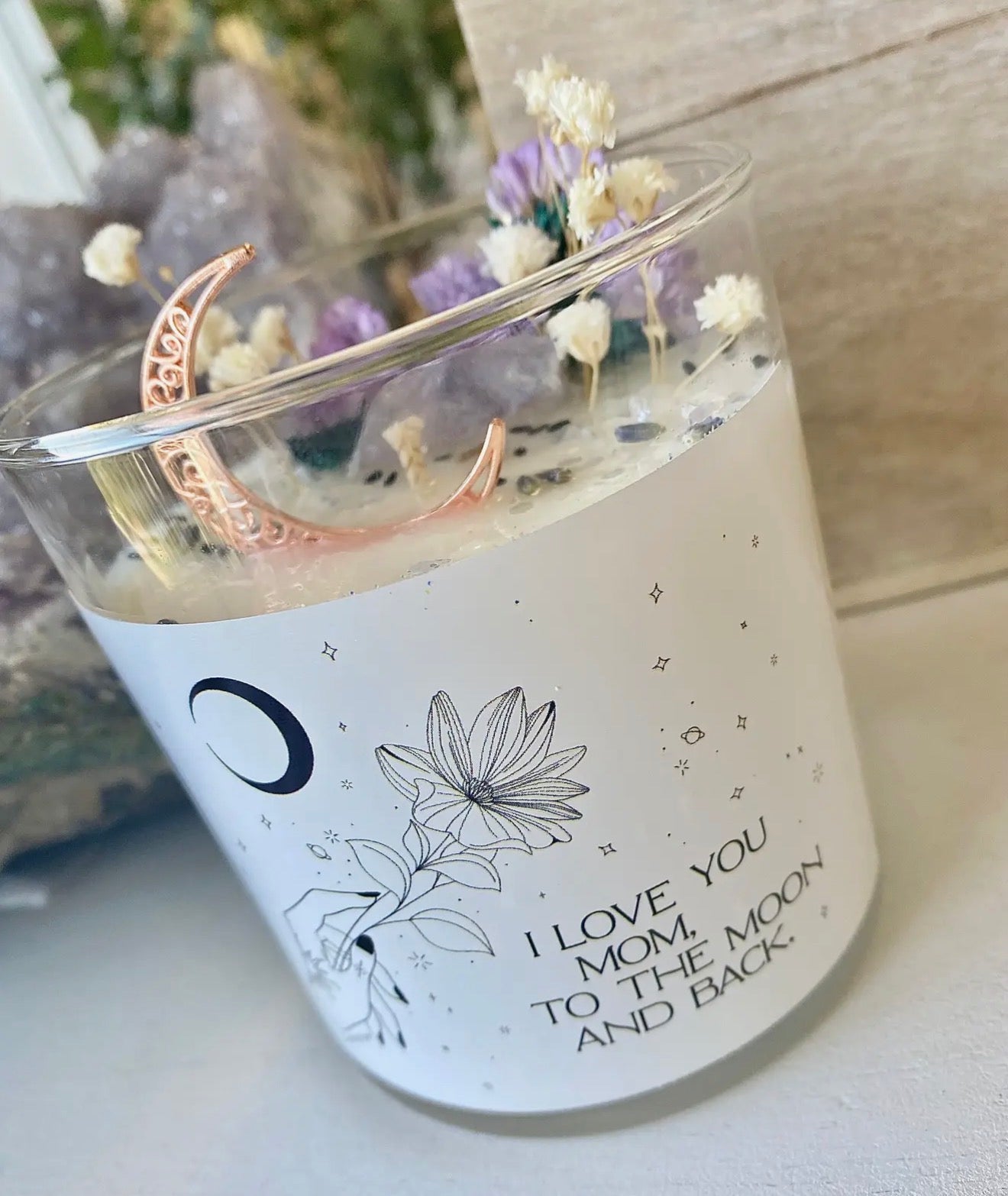 “I Love You Mom to the Moon and Back” Floral Crystal Candle