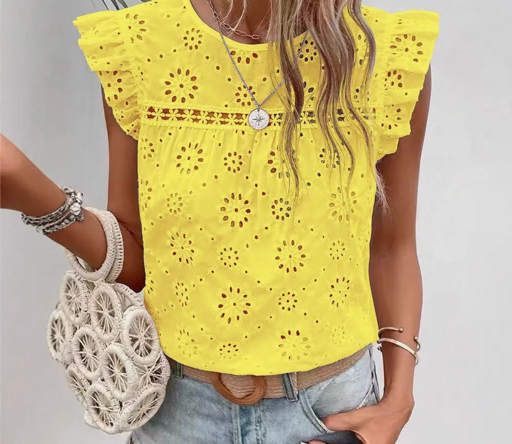 Sunshine Eyelet Ruffle Sleeve Blouse
