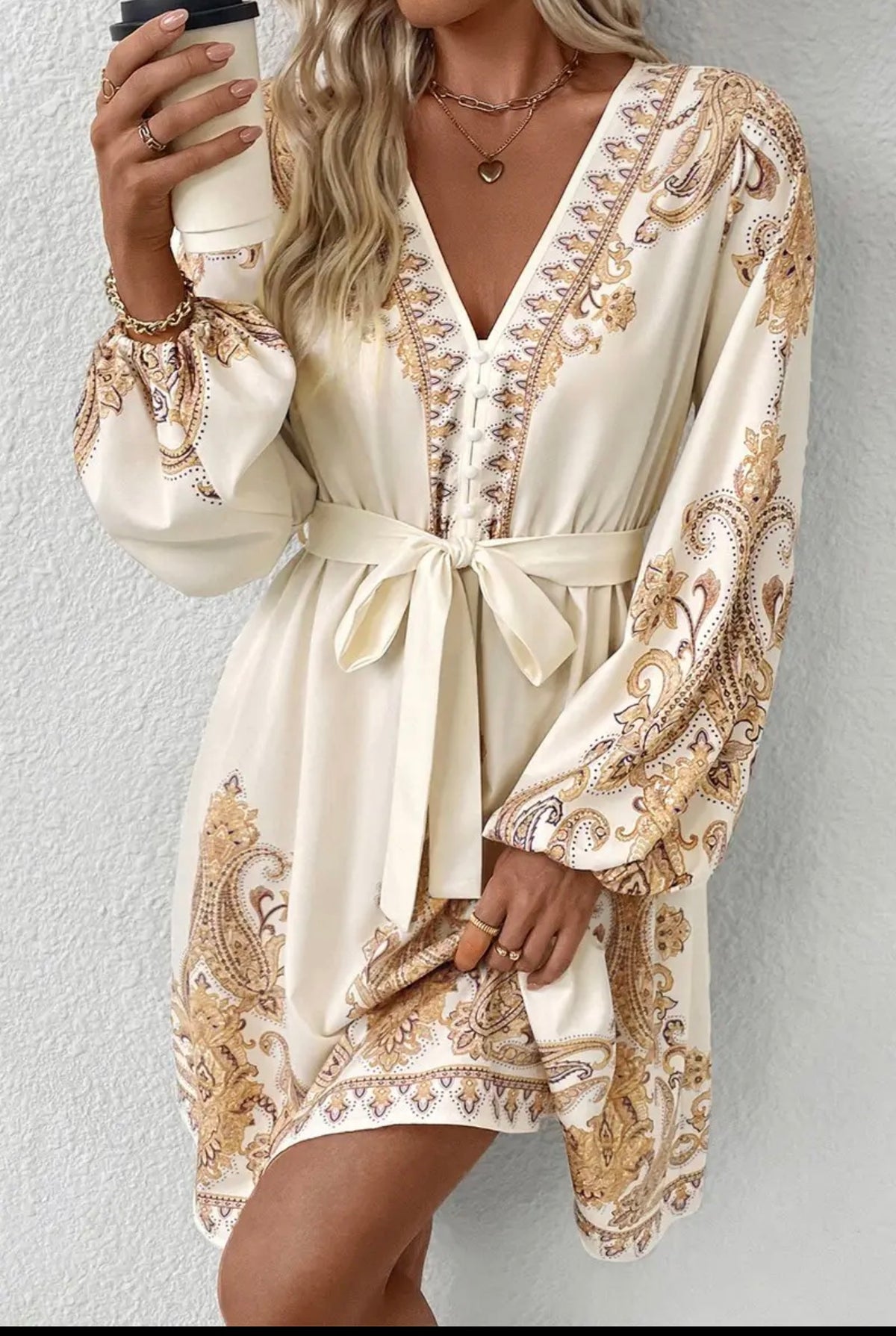 Golden Paisley V-Neck Belted Dress