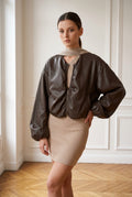 Faux Leather Balloon Sleeve Bomber Jacket