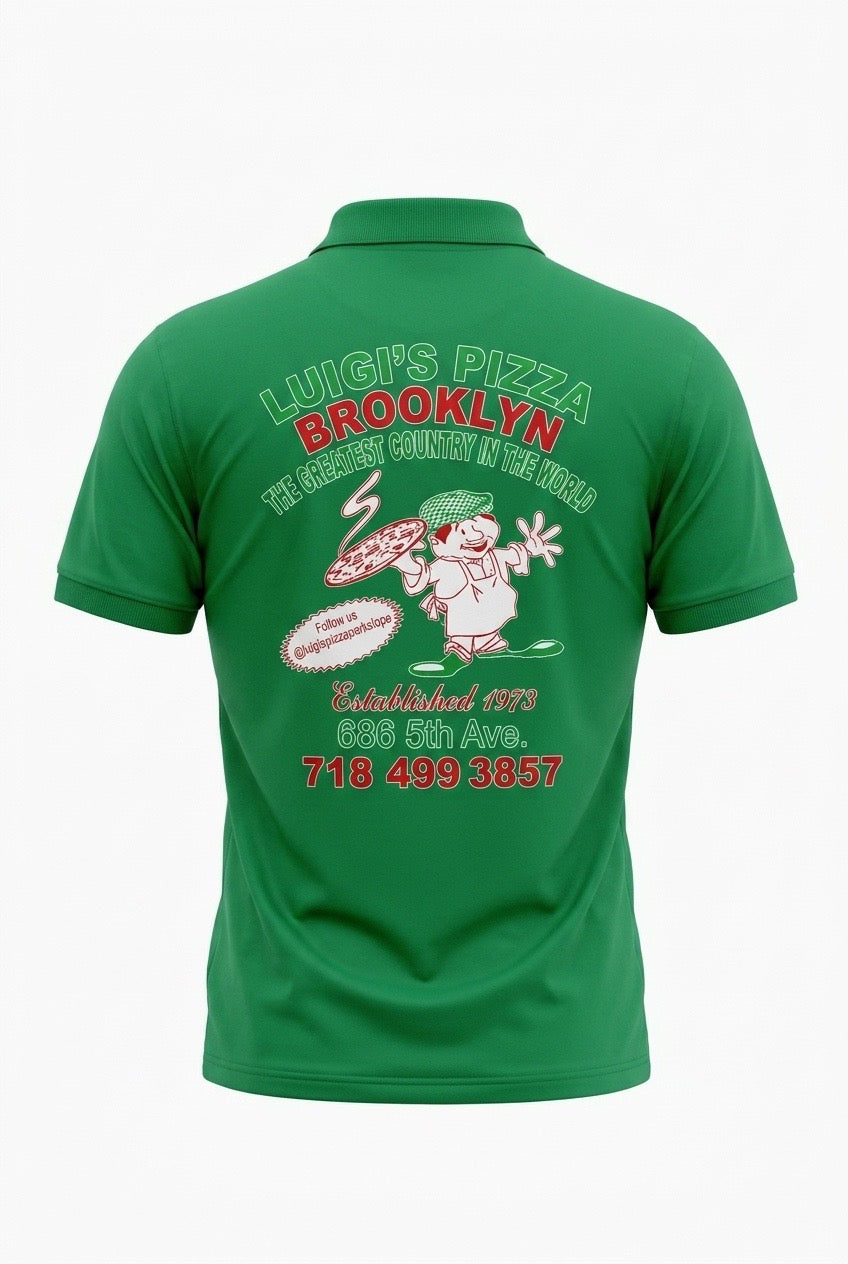 Luigi’s Pizza Brooklyn Back Print Polo – Green